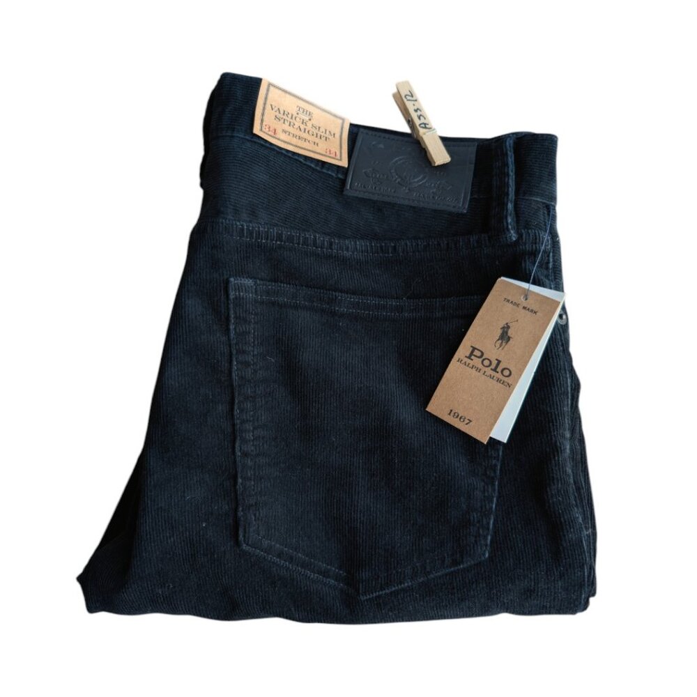 Polo Ralph Mens Size 34x34 Corduroy Jean Pants Hudson Black Slim Straight Varick